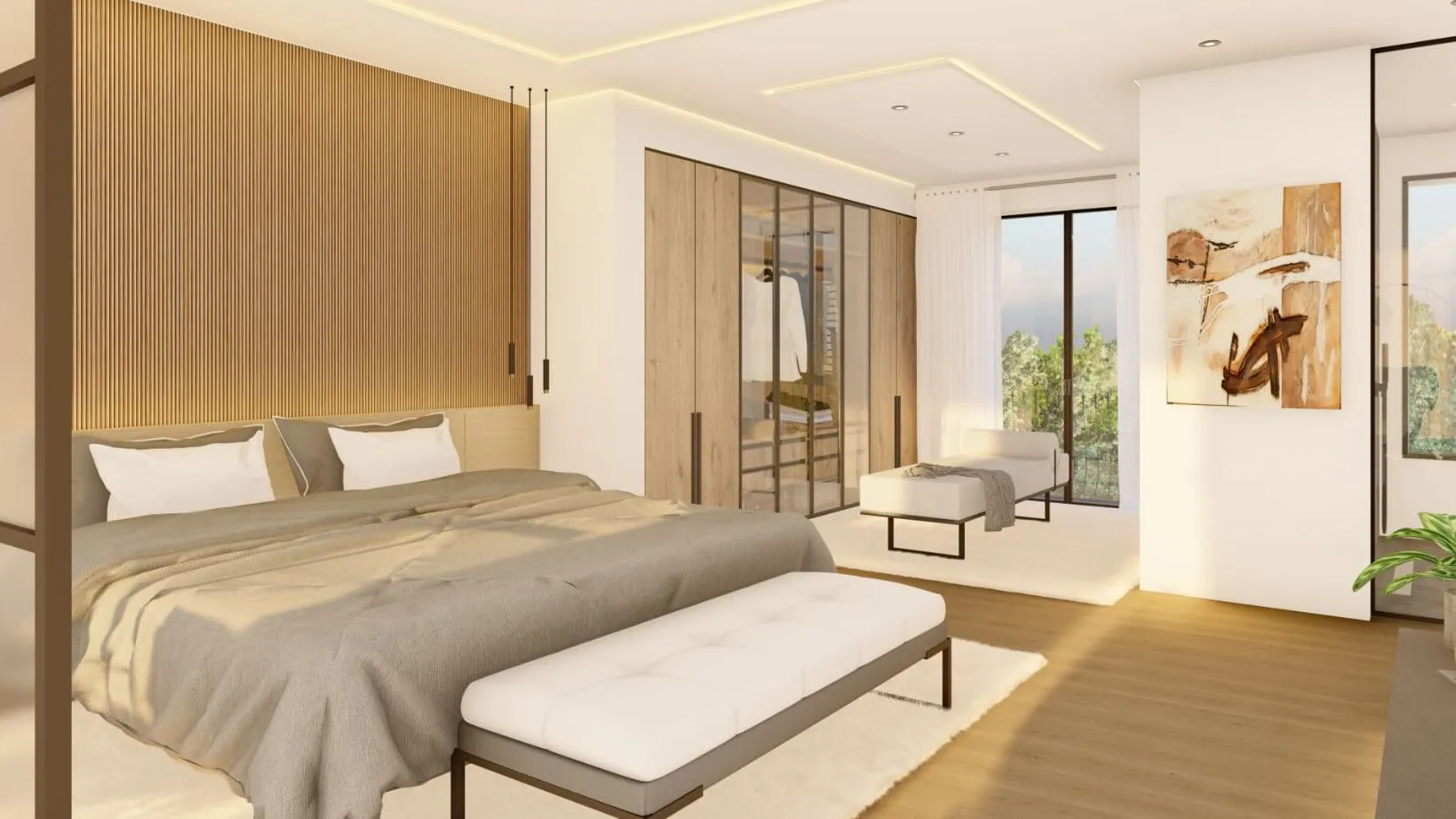 Dormitorio principal con paneles de madera en la vivienda Murillo