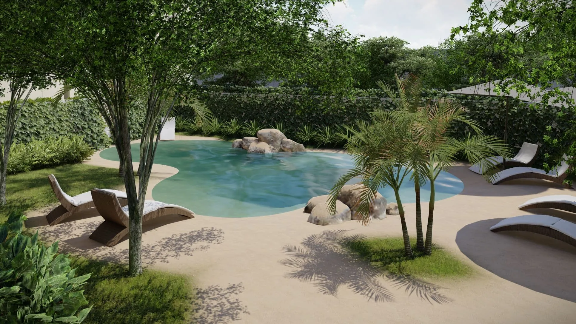 Piscina de forma orgánica con jardín en el proyecto Baladre, Palma