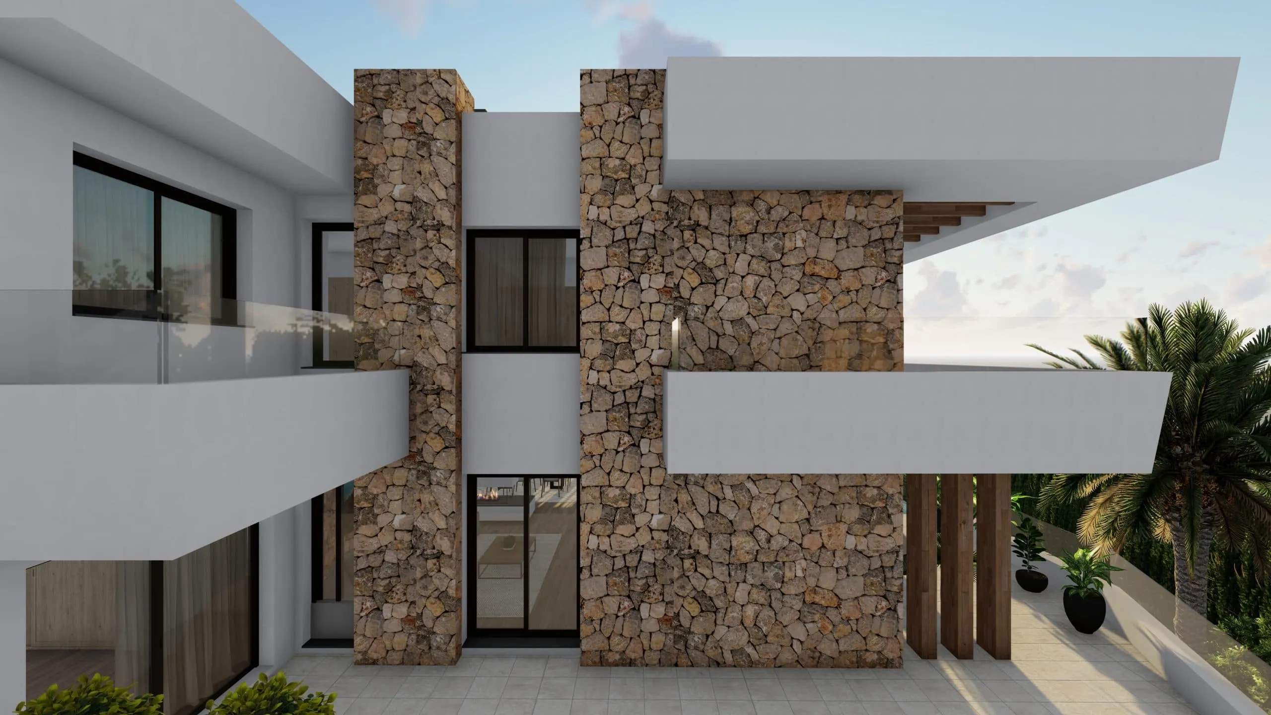 Detalle de fachada con piedra, lamas de madera y estuco, Sa Font Seca I