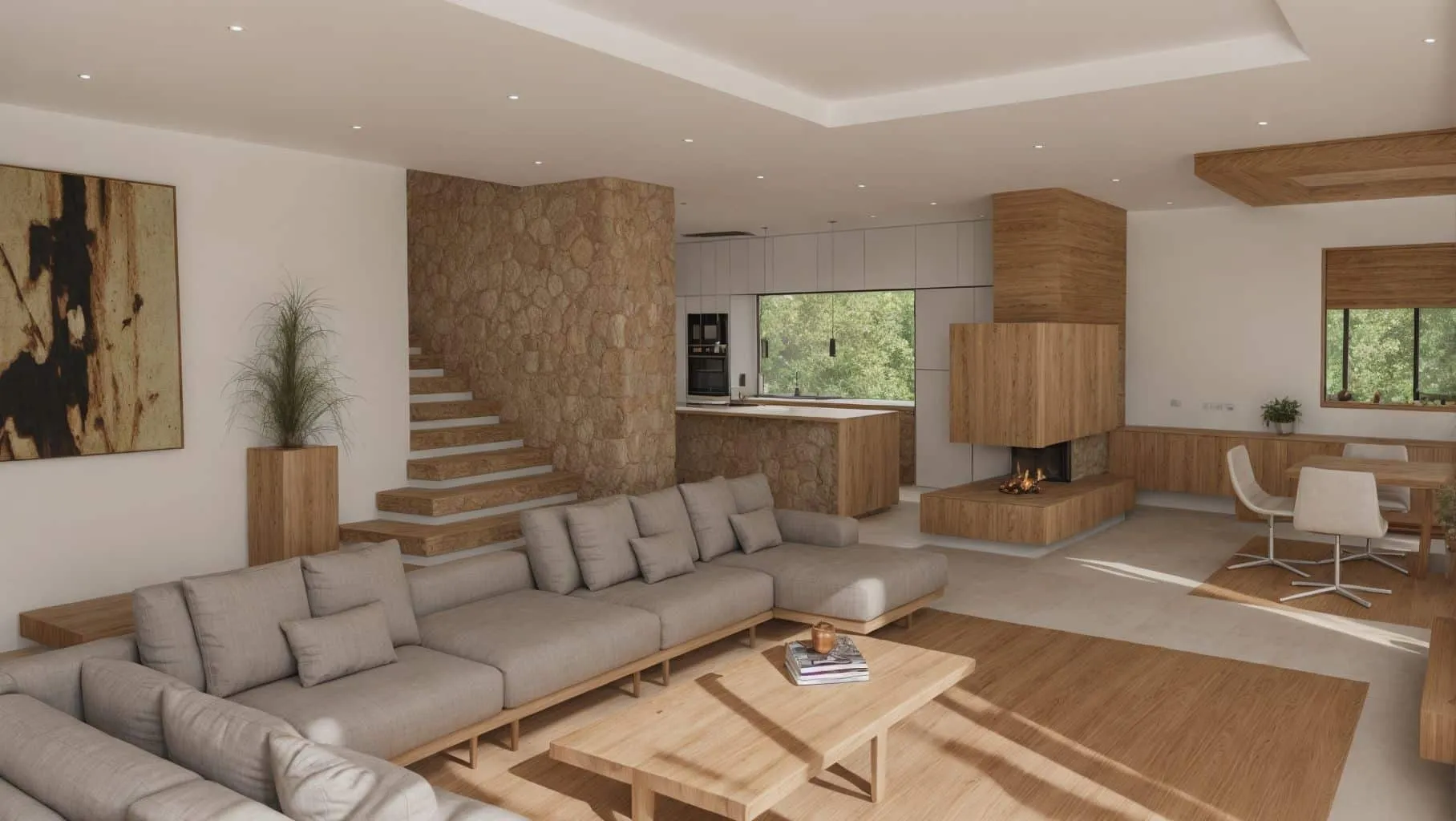 Render del salón y la escalera de Sampol A con muro de piedra y chimenea