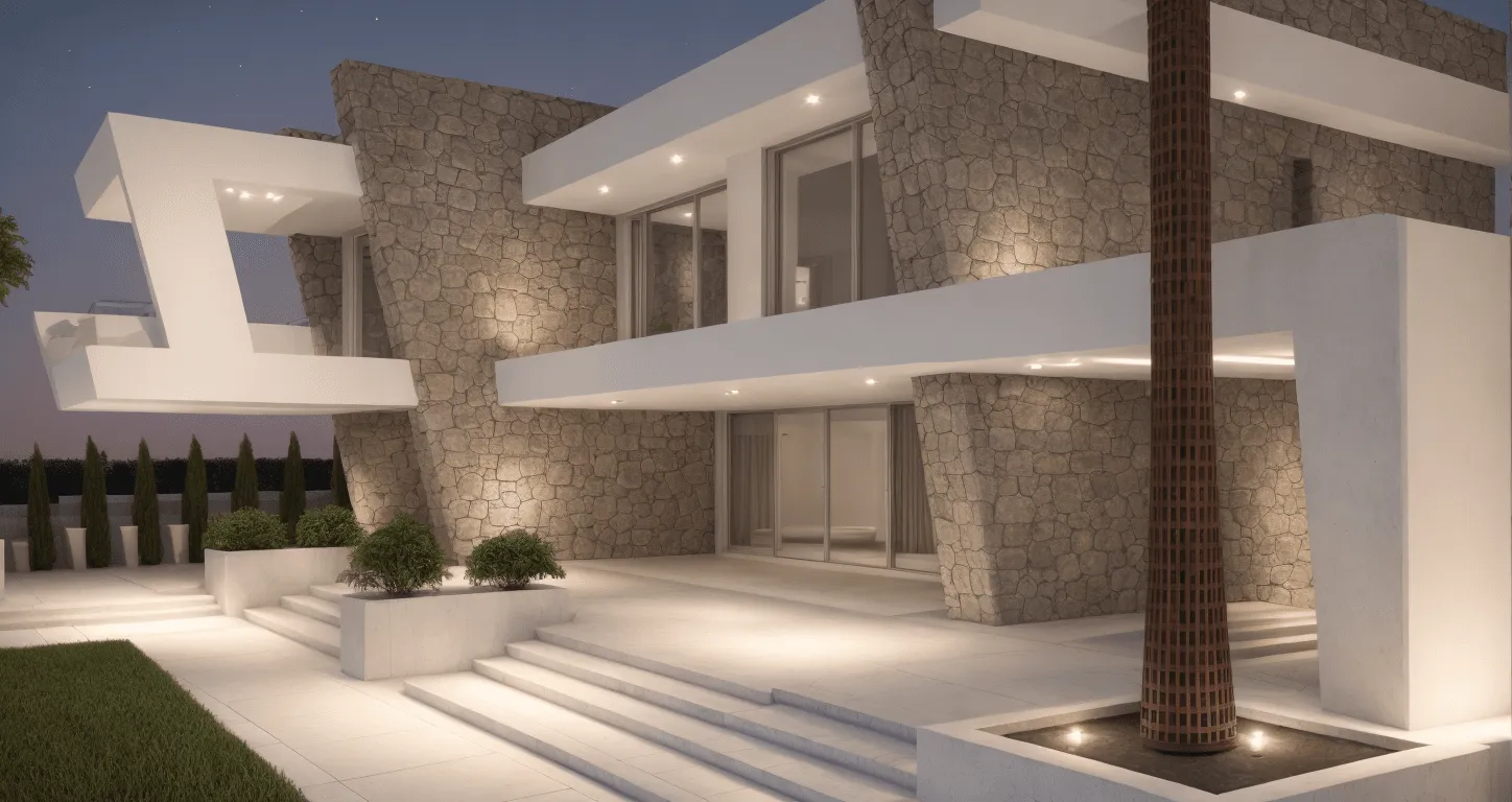 Render de la terraza y la escalinata de la vivienda ORI en Palma al anochecer