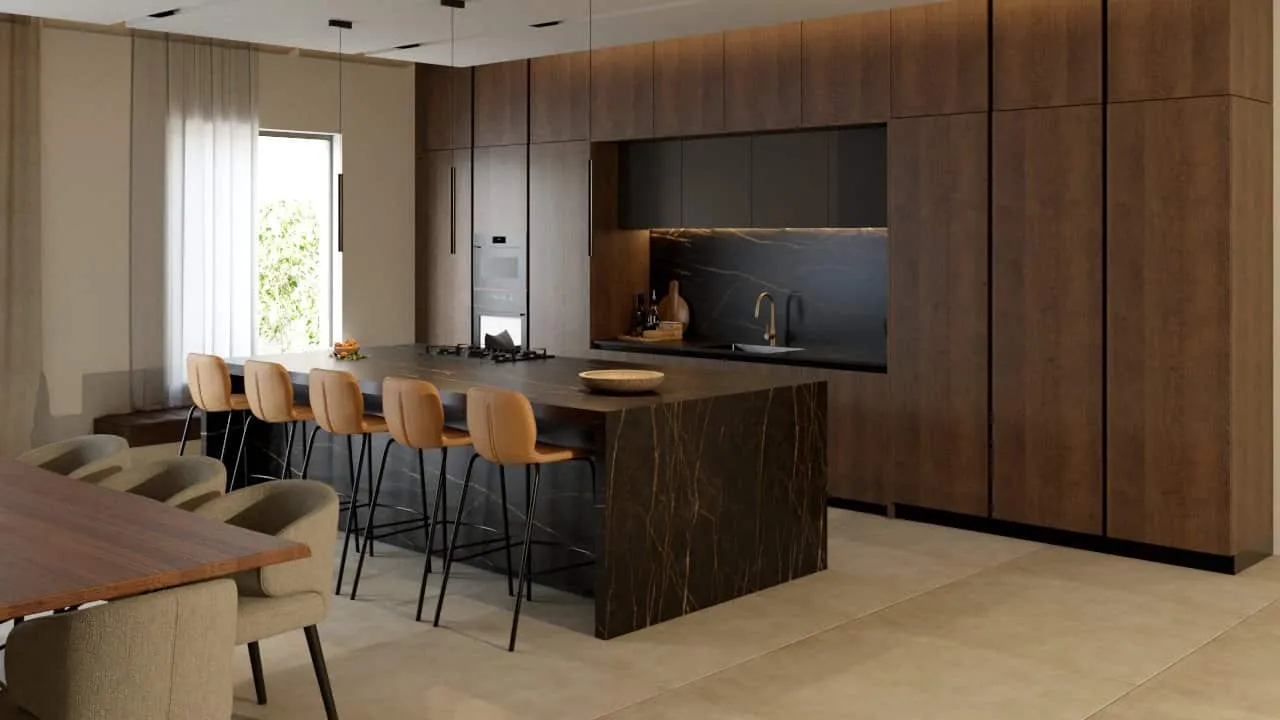 Render de la cocina con isla y zona de comedor en la reforma de vivienda Avenidas, Palma