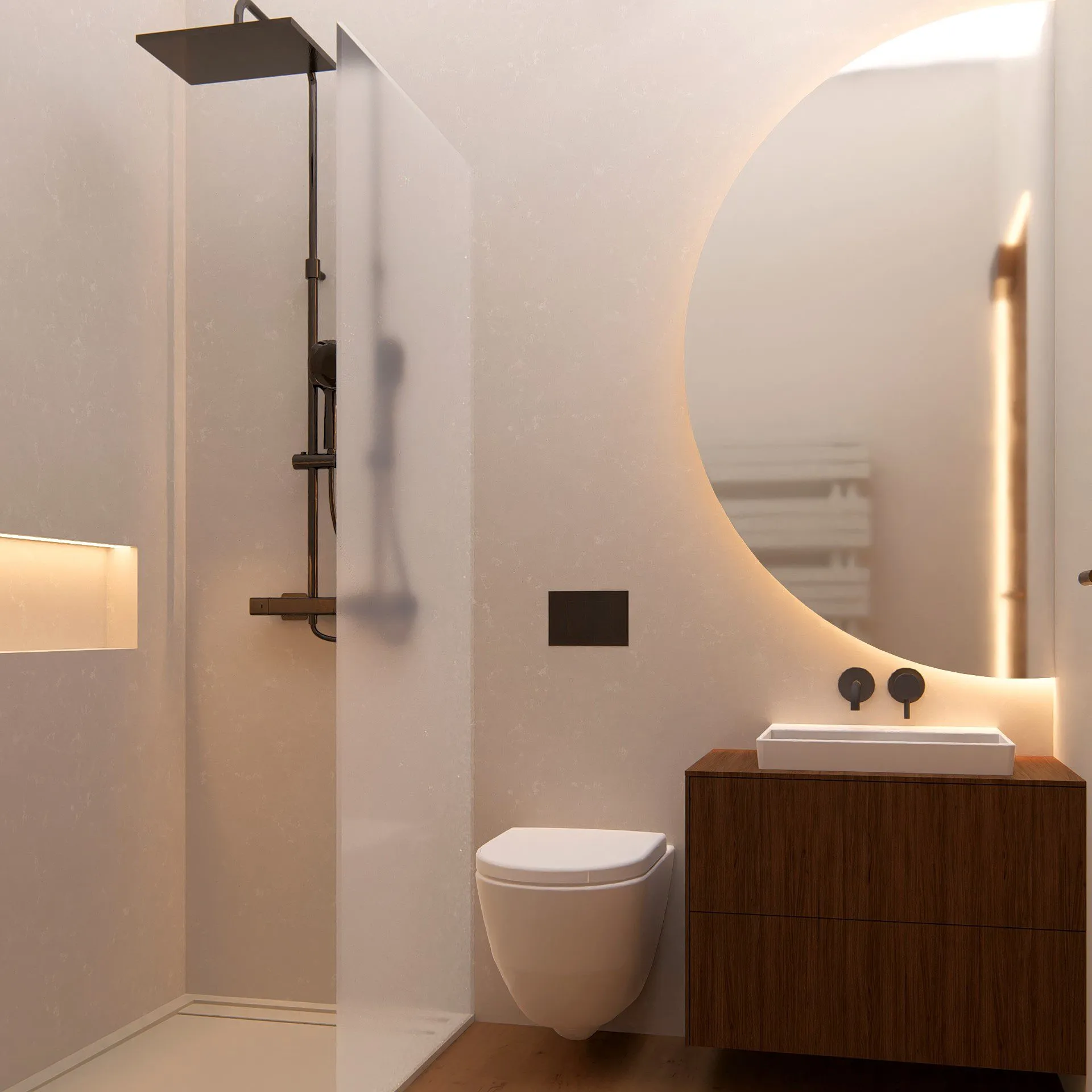 Baño con ducha, espejo redondo retroiluminado y mueble de madera, proyecto Ap