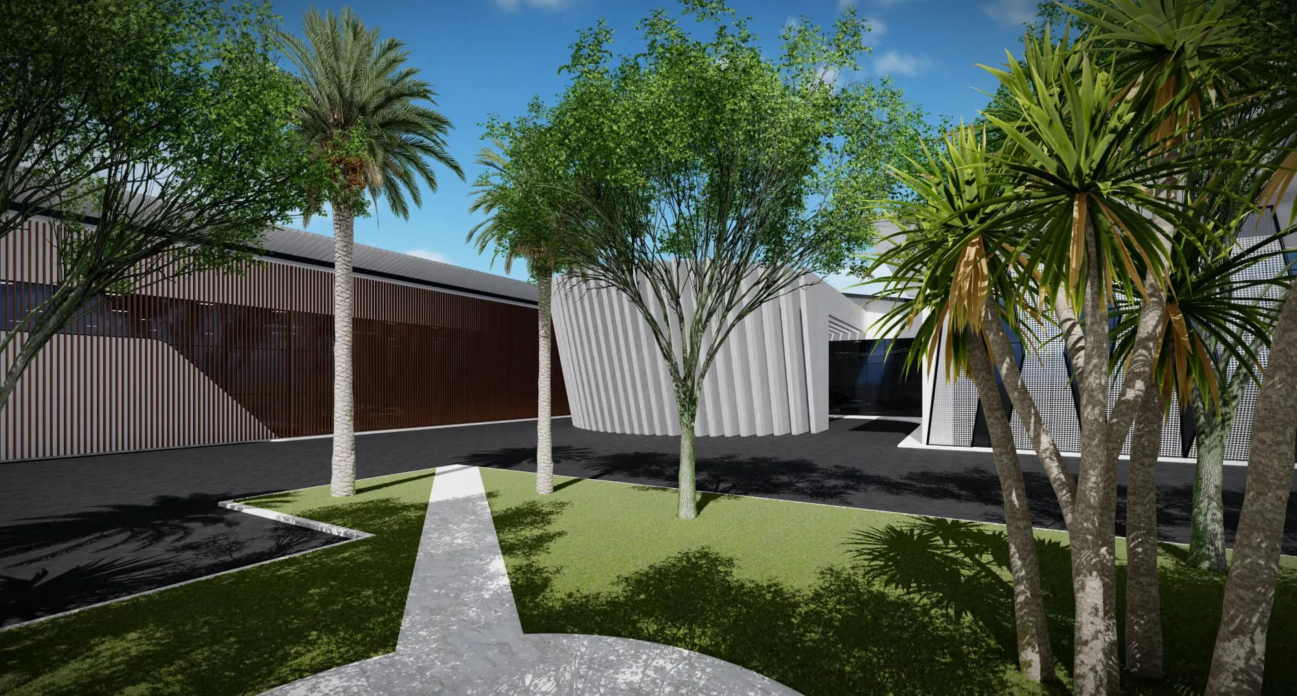 Render de World Car Center en Palma con camino ajardinado y fachada de madera oscura