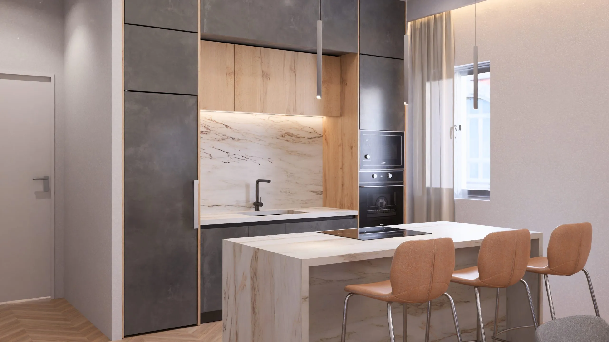 Render de la cocina con península y taburetes en el edificio de viviendas AP 2, Palma de Mallorca