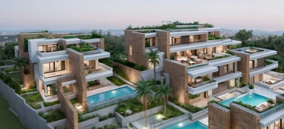 Vista aérea de la vivienda Sampol con cubiertas ajardinadas y piscinas