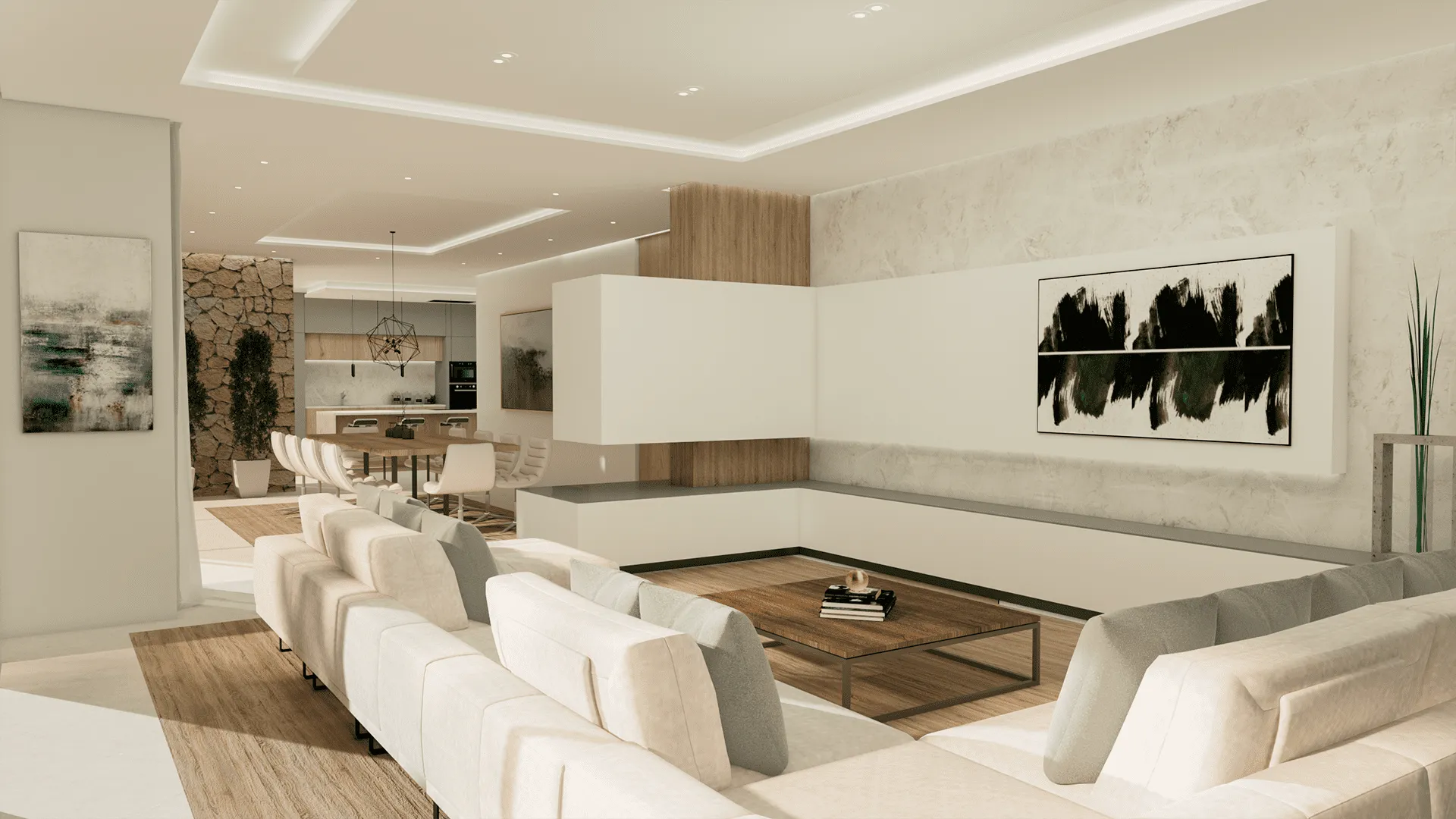 Render del salón de Sampol B con sofás blancos y falso techo con luz perimetral, Palma de Mallorca