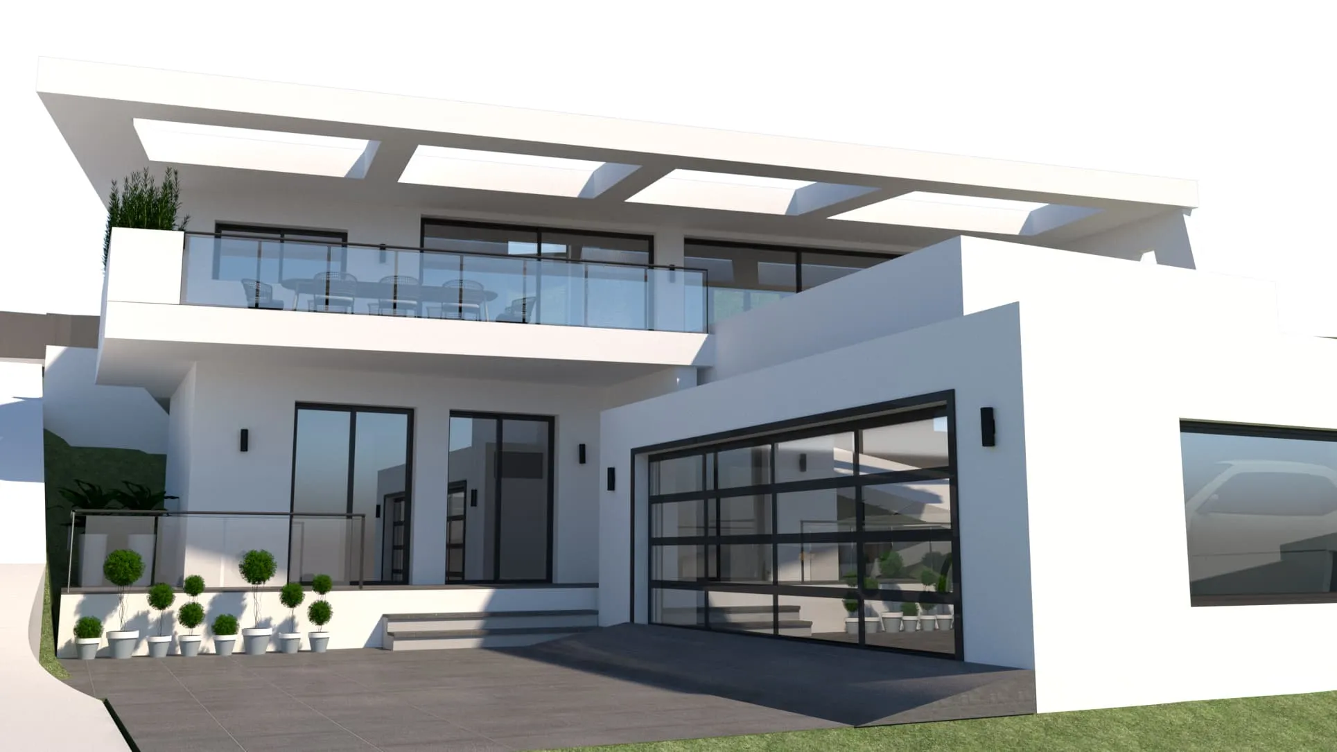Fachada frontal de la vivienda Blan en Palma con garaje acristalado