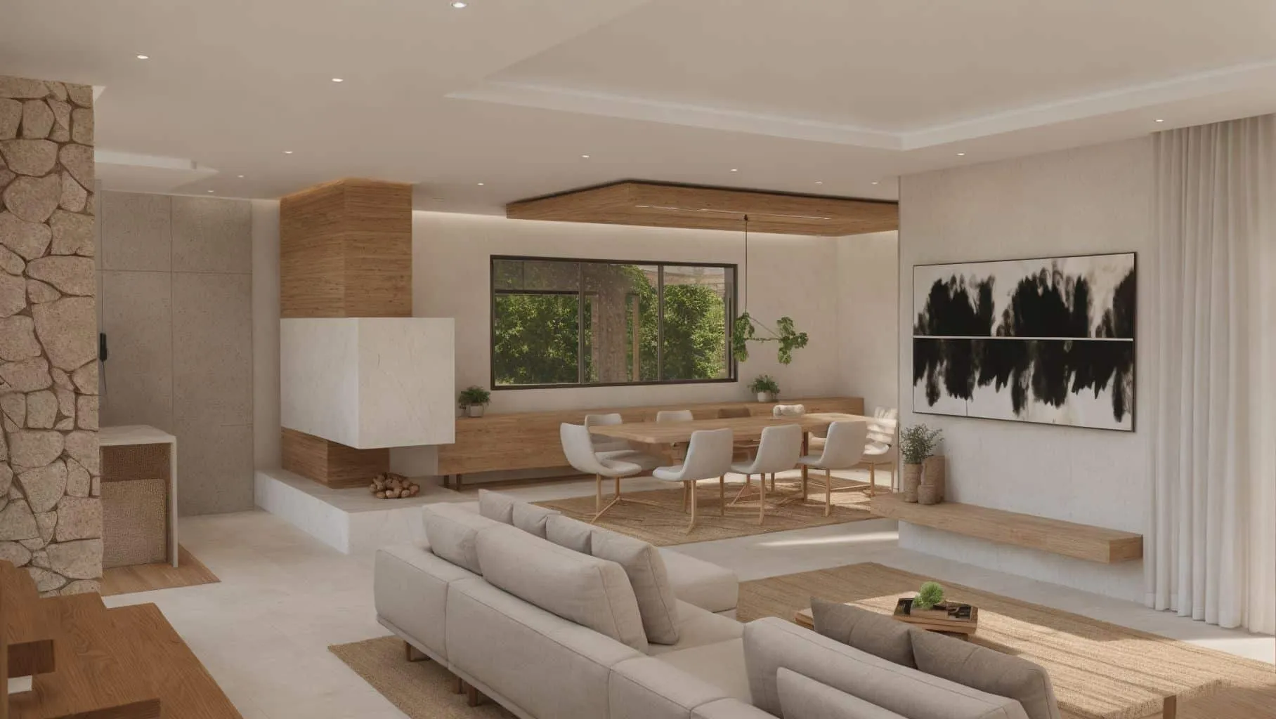 Render del comedor y salón de Sampol A en espacio abierto con falso techo y madera