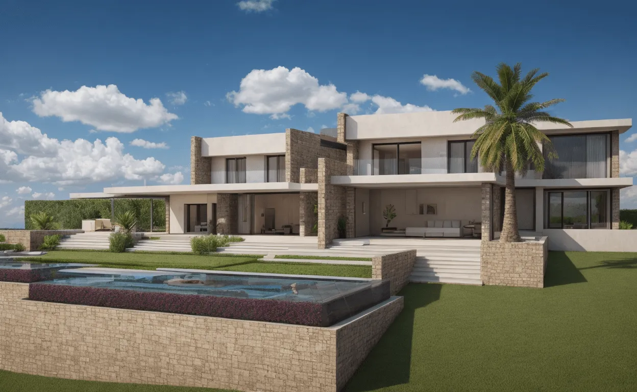 Fachada principal de la casa Es Ventall con piscina, Bunyola, Mallorca