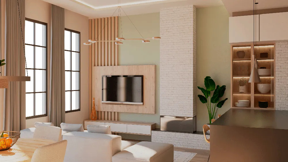 Vista del salón del proyecto FMI en Cáceres con ventanales y chimenea