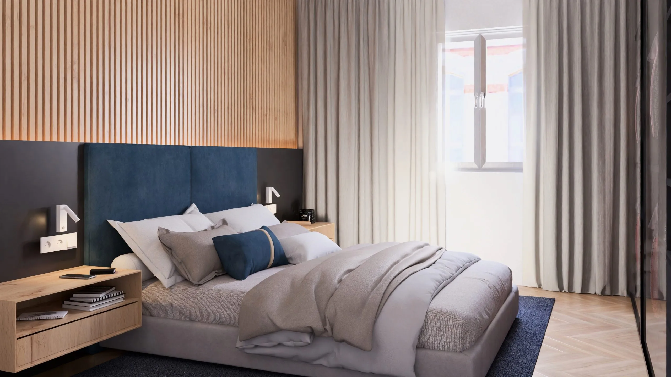 Render del dormitorio con cabecero azul y panel de lamas de madera en AP 2, Palma