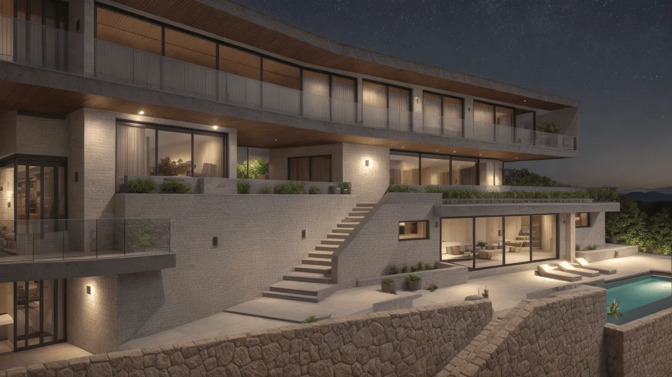 Render nocturno de la vivienda Ola en Son Vida con luz interior y piscina