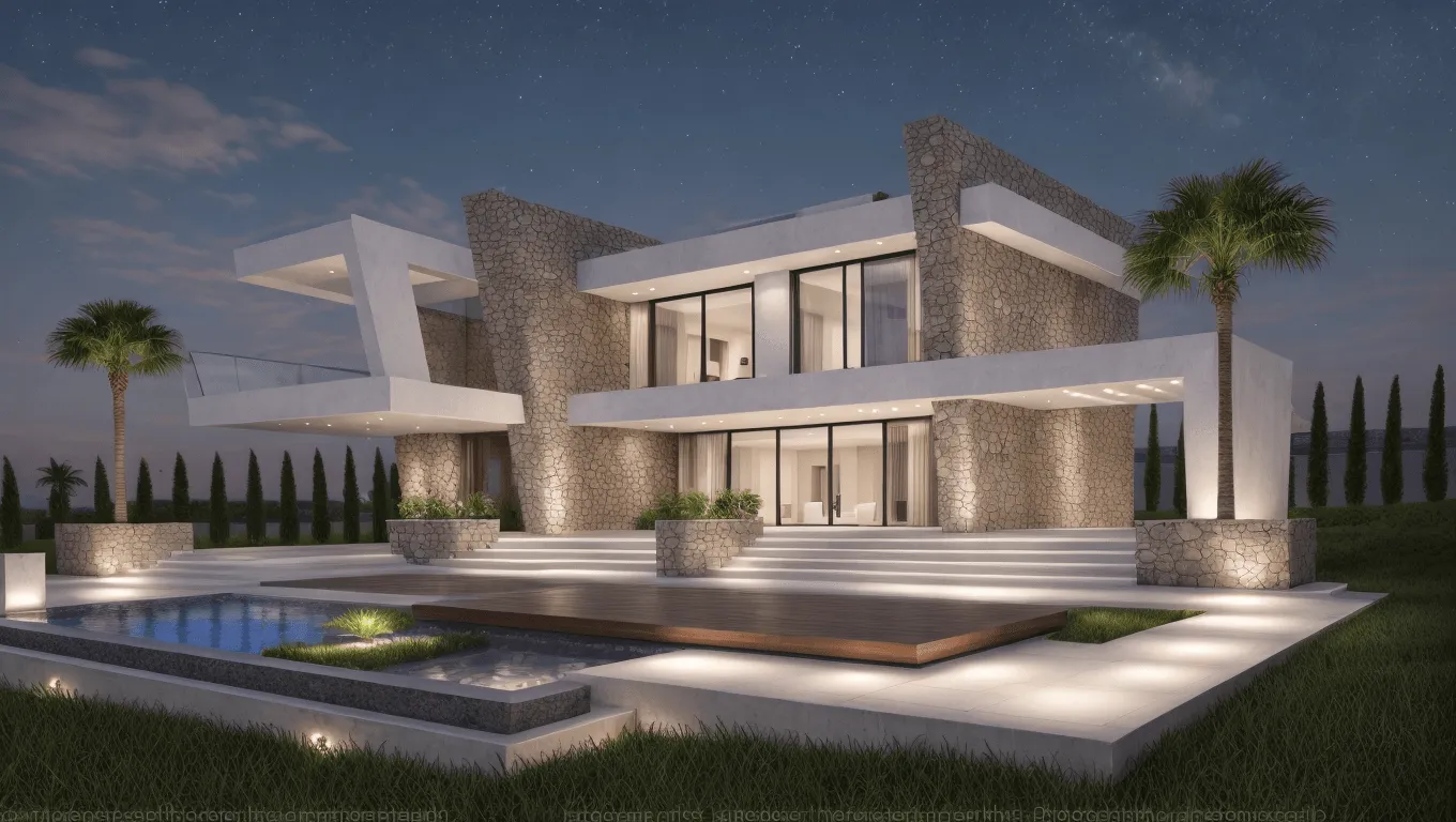 Render nocturno de la vivienda ORI en Palma con piscina iluminada y jardín