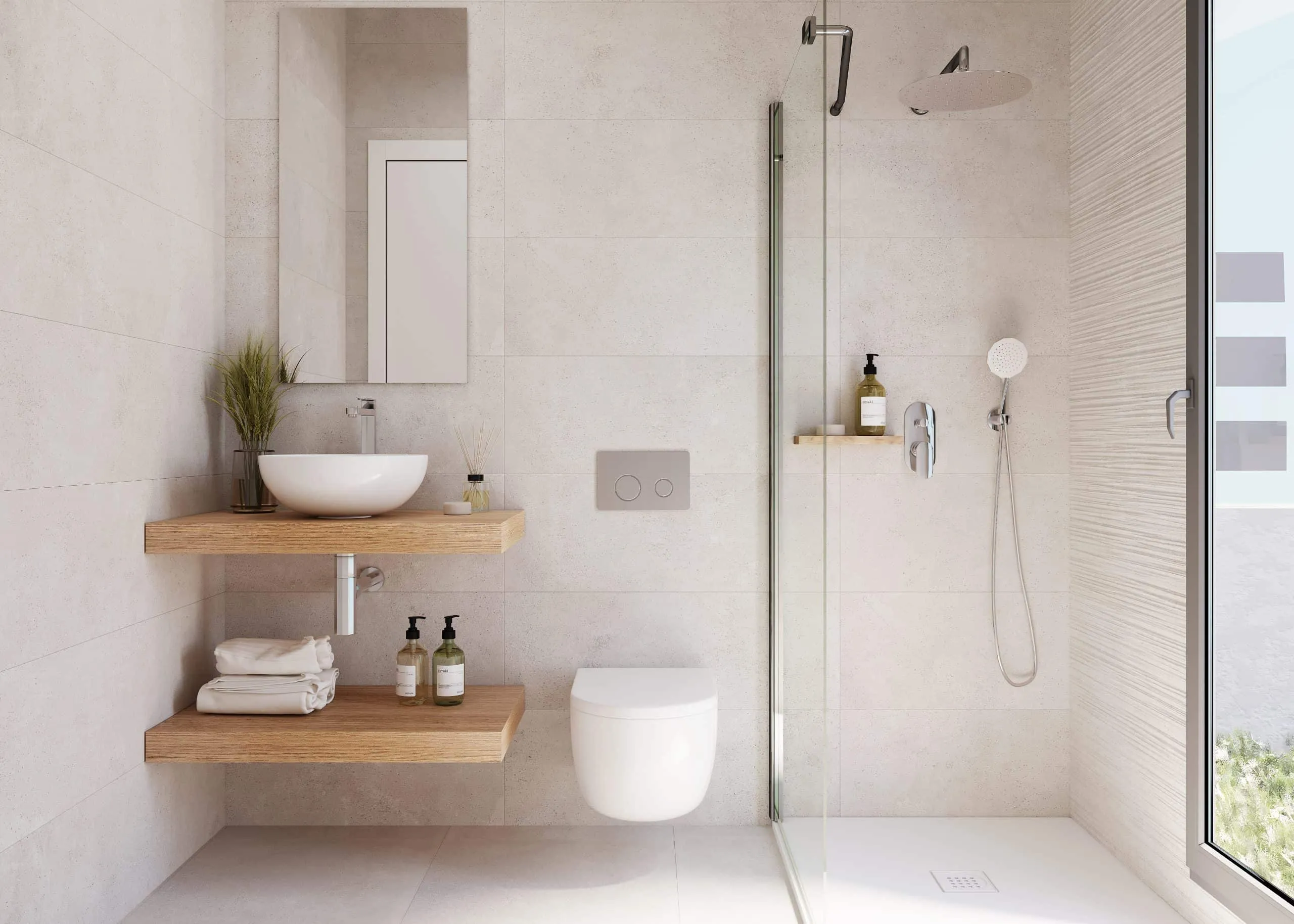 Baño con ducha acristalada y lavabo sobre repisas de madera, Corn Marratxí