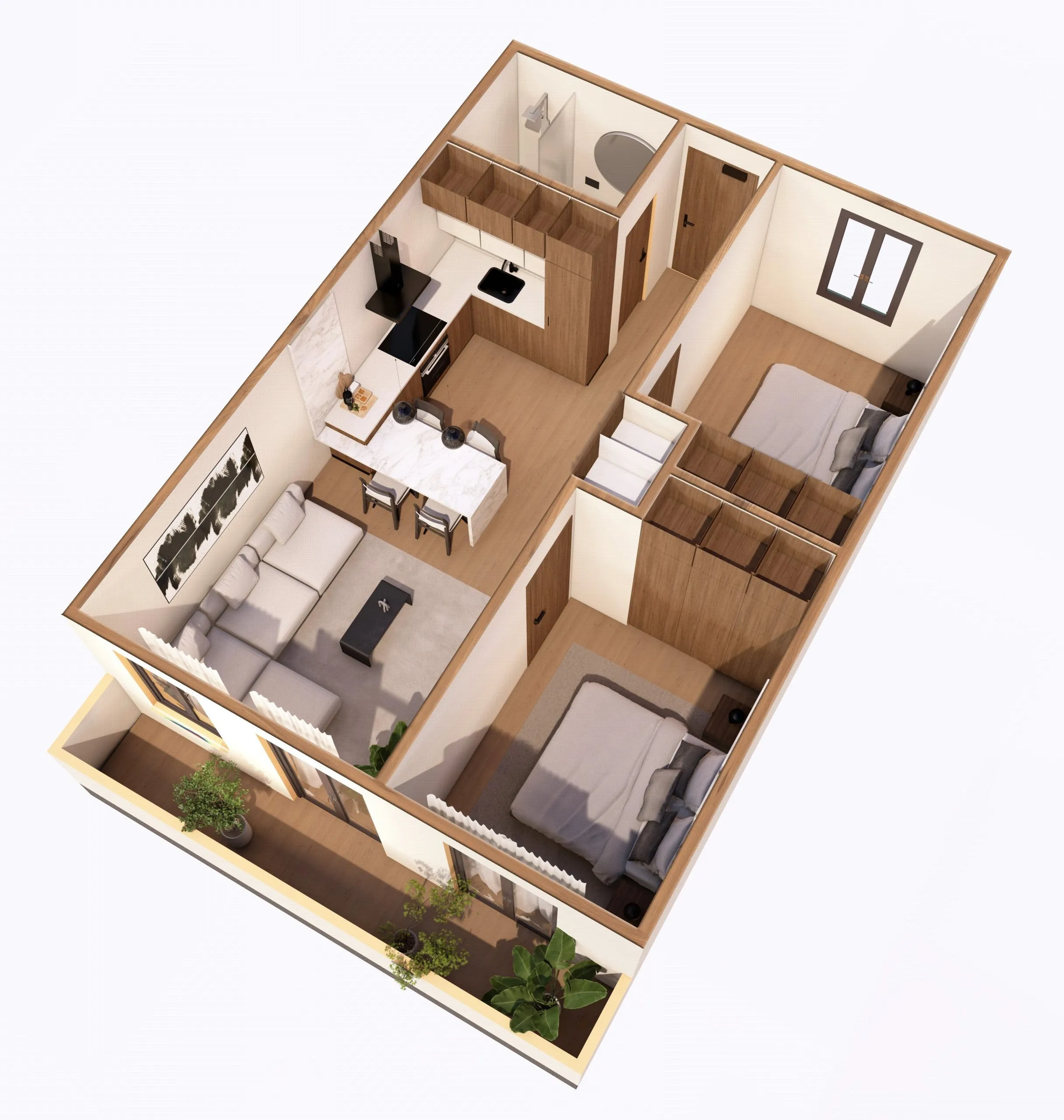 Planta amueblada en axonometría de una vivienda del edificio Ap, Palma