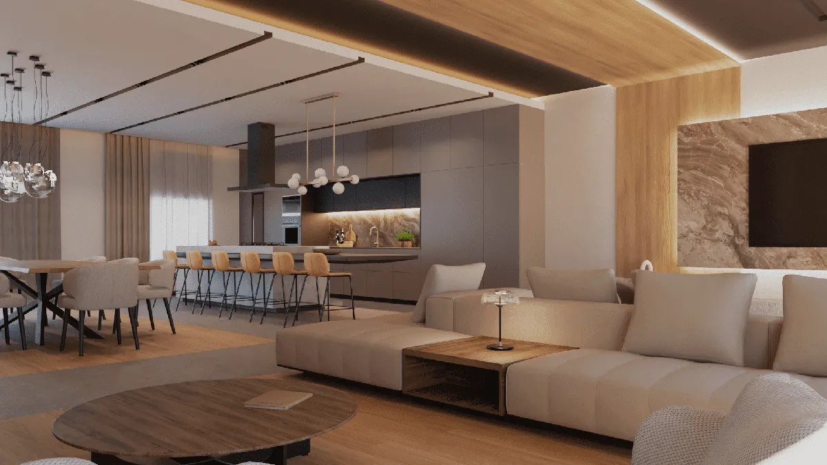 Render del estar, comedor y cocina de la reforma Avenidas con falsos techos de madera iluminados