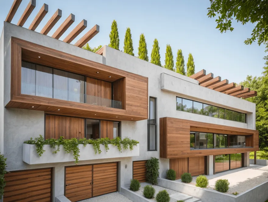 Fachada con madera, pérgola y garajes del edificio Baladre en Palma