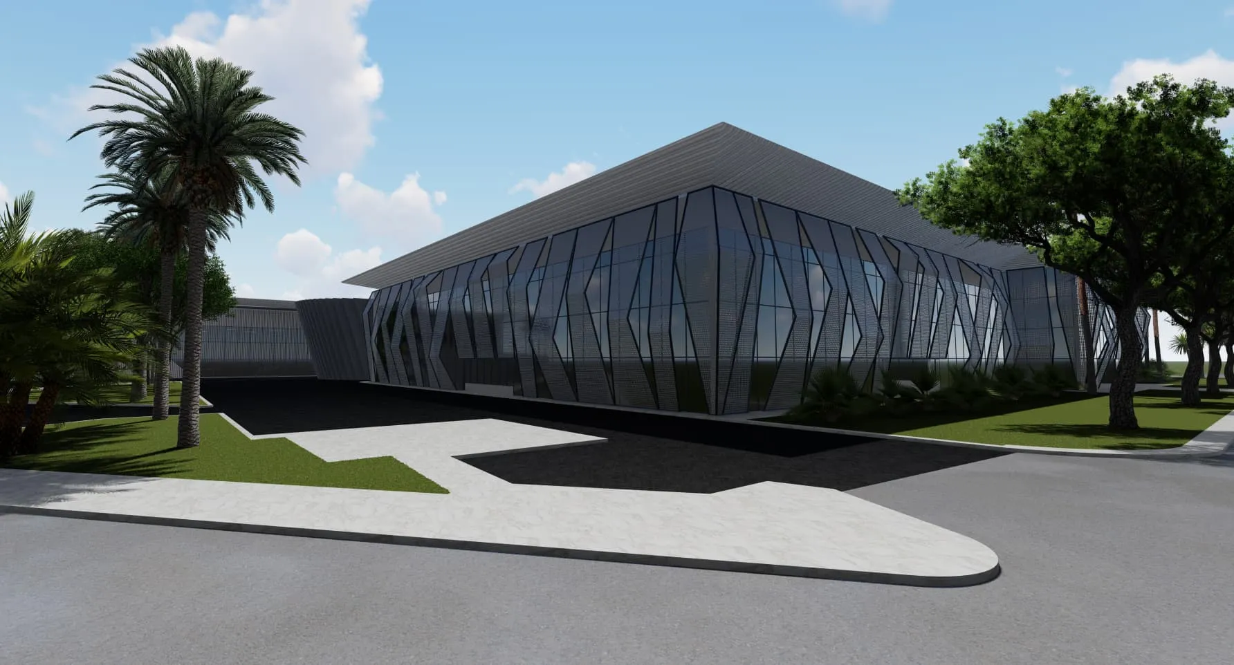 Render del volumen principal de World Car Center en Palma con cubierta quebrada