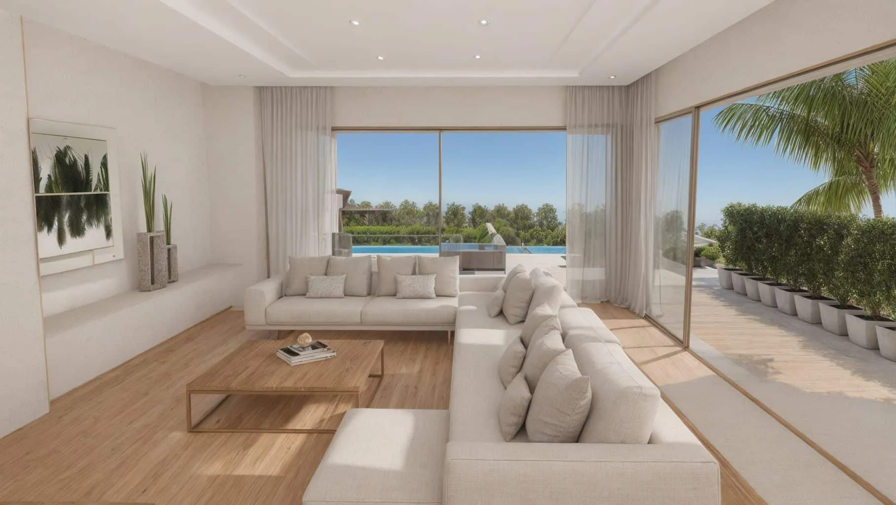 Render del salón de Sampol B con correderas de vidrio abiertas a la piscina y el jardín