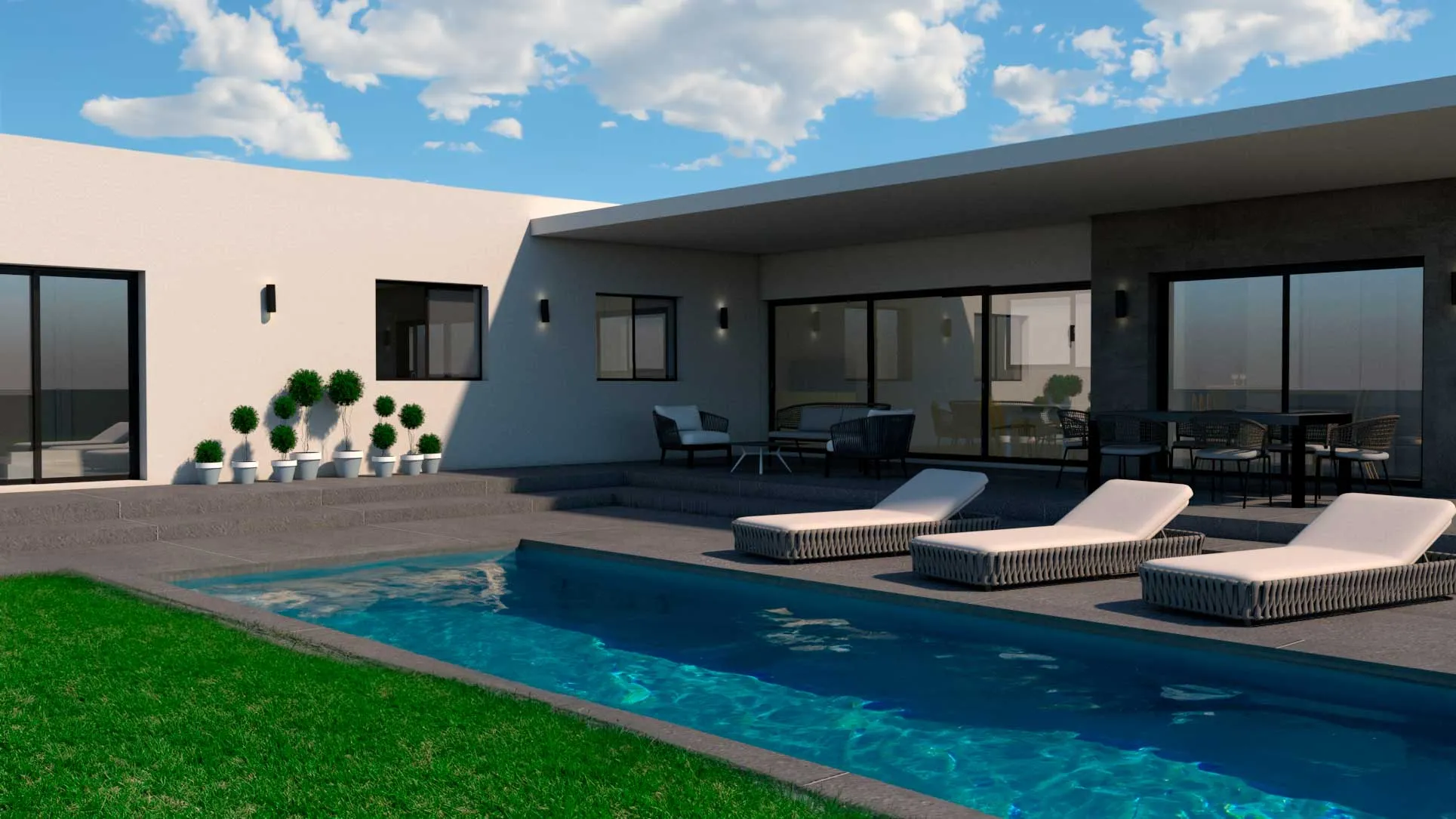 Vista de la vivienda GM con piscina y tumbonas en el jardín, Palma