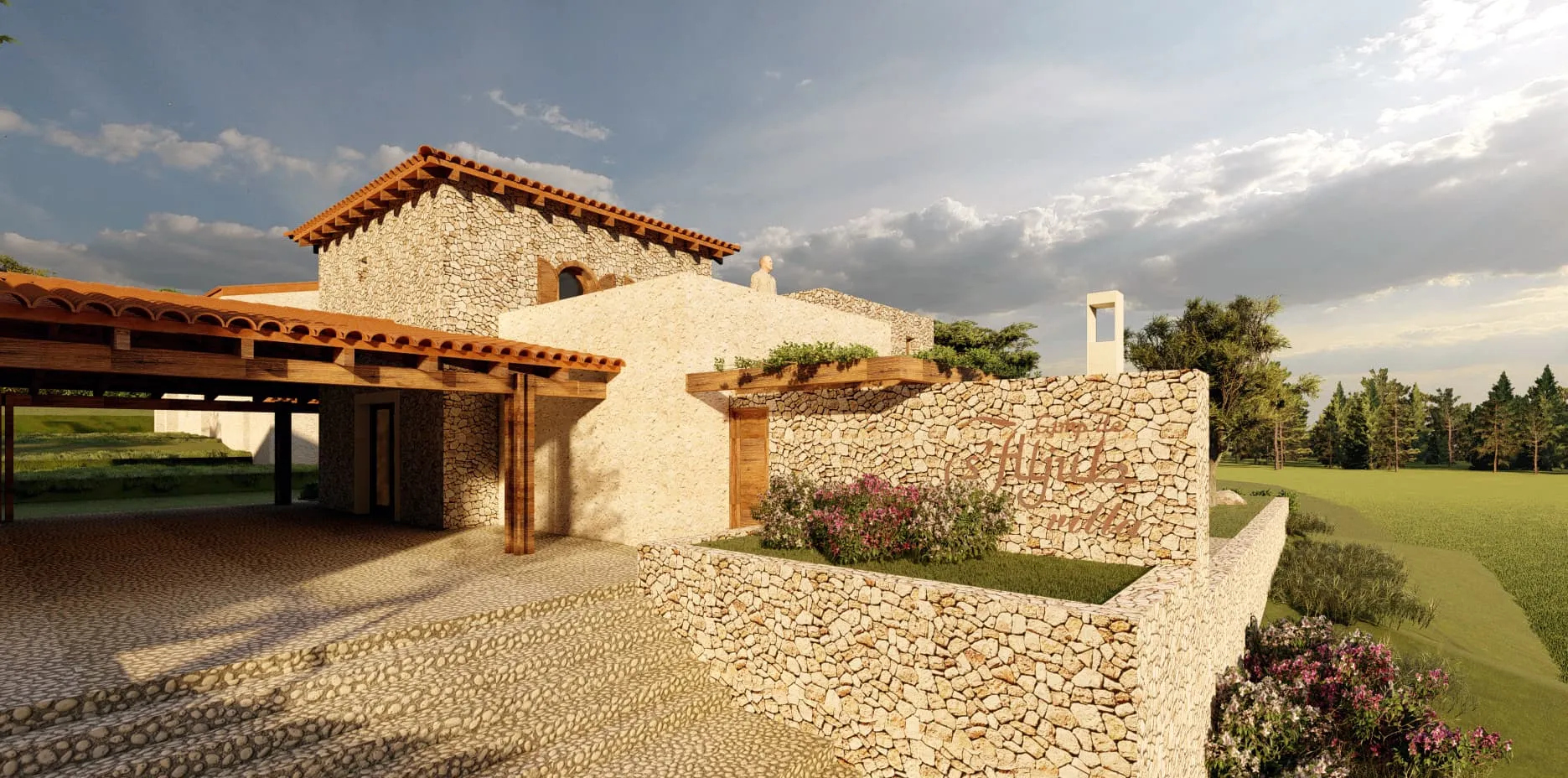 Porche cubierto y muro de piedra con jardinera, proyecto Saljub