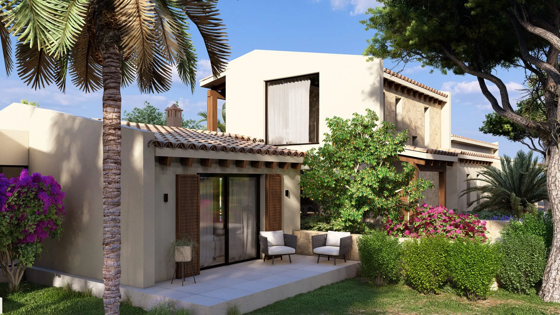 Fachada de jardín con porche y contraventanas, vivienda Corn en Felanitx