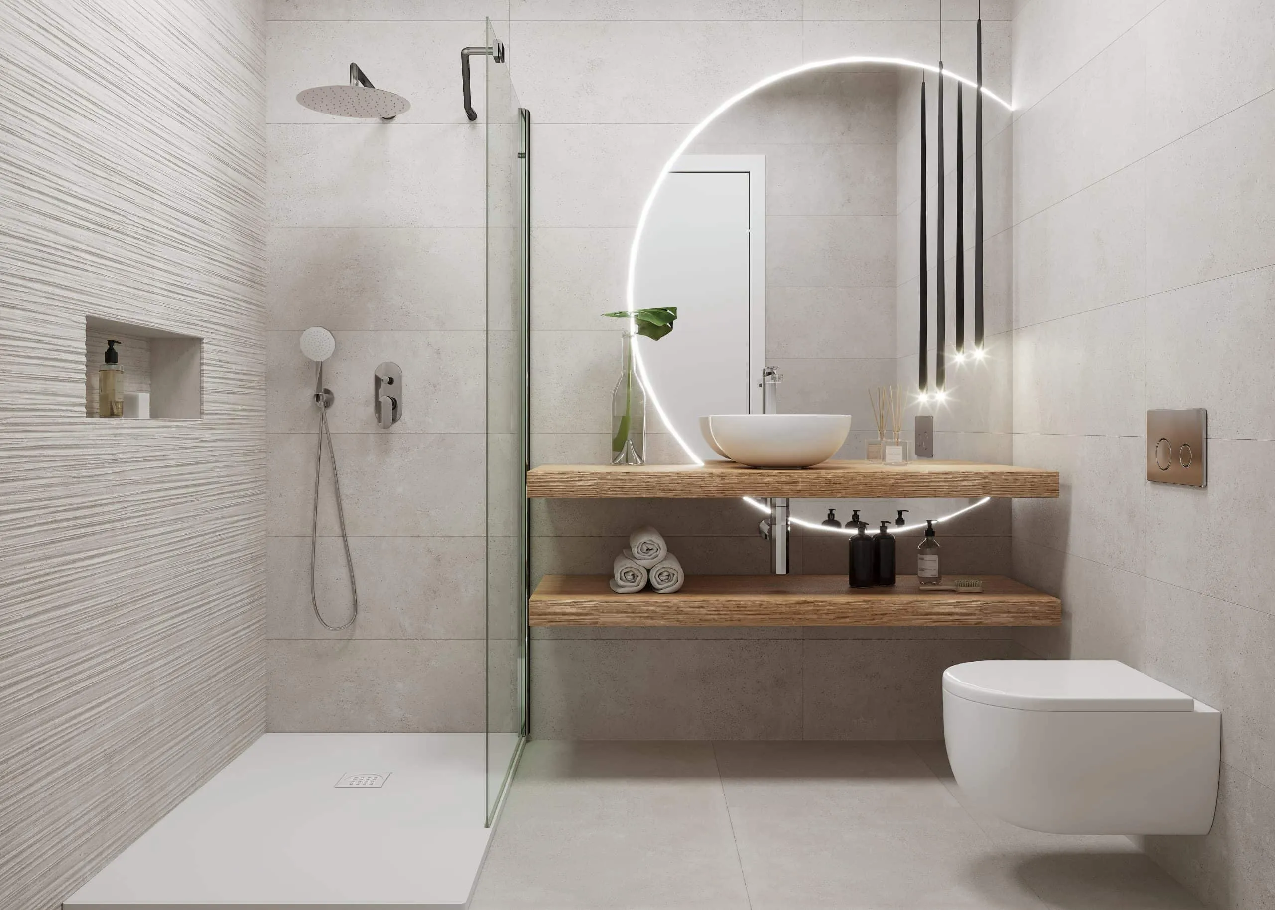 Baño con espejo circular luminoso y ducha de obra, proyecto Corn, Marratxí
