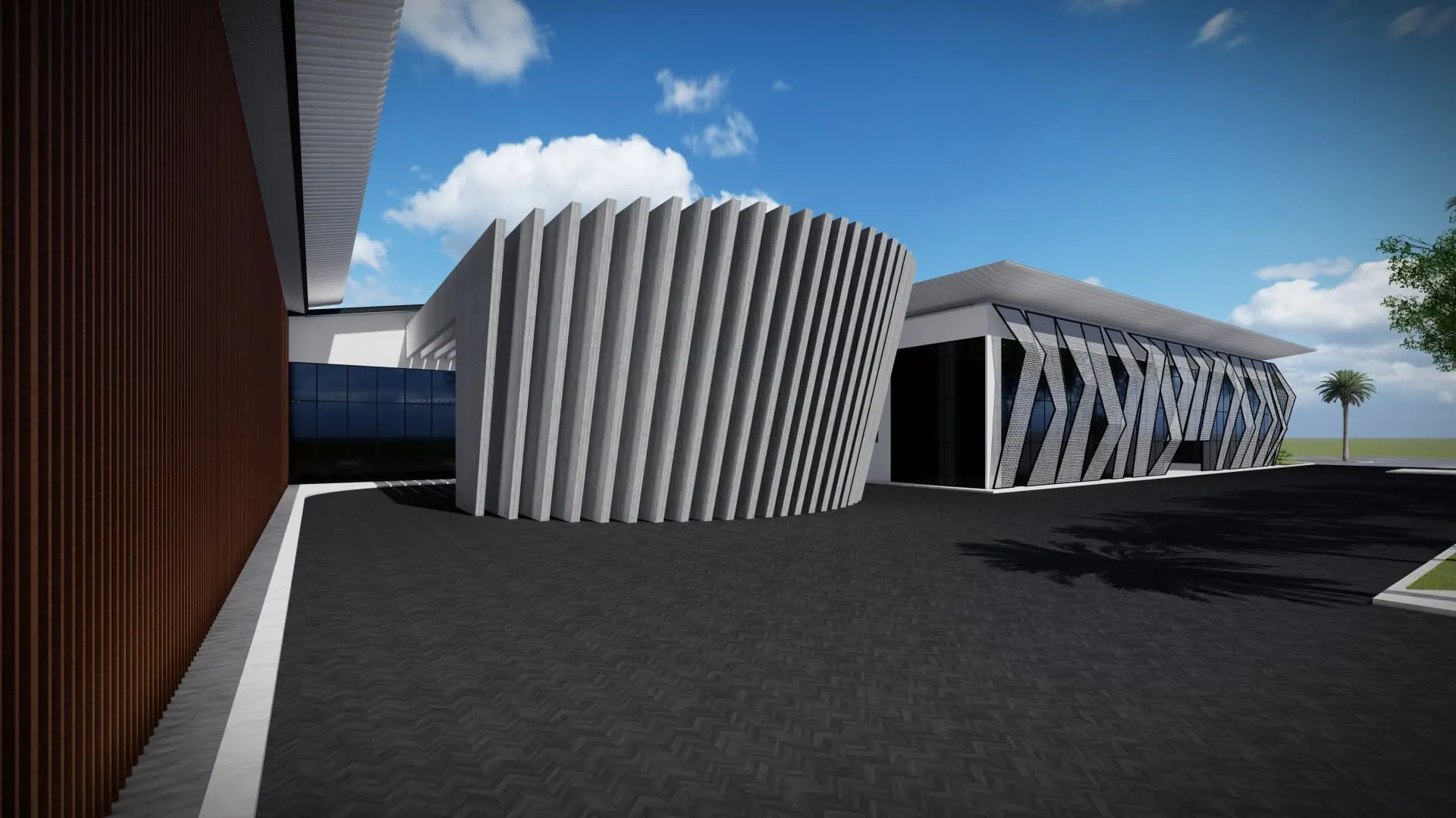 Render del cilindro de lamas y del acceso de World Car Center en Palma