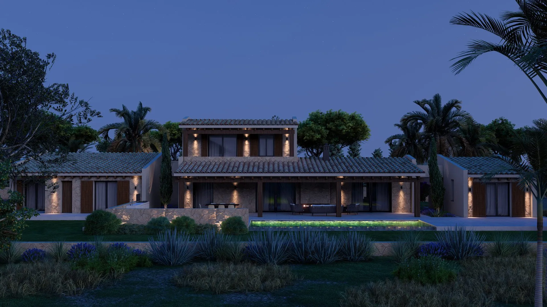 Vivienda Corn en Felanitx de noche con piscina iluminada y jardín