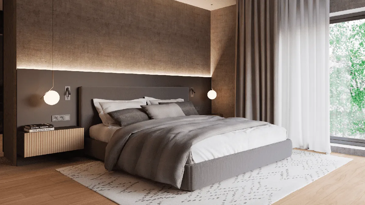 Render del dormitorio principal con cabecero tapizado e iluminación indirecta en Avenidas, Palma