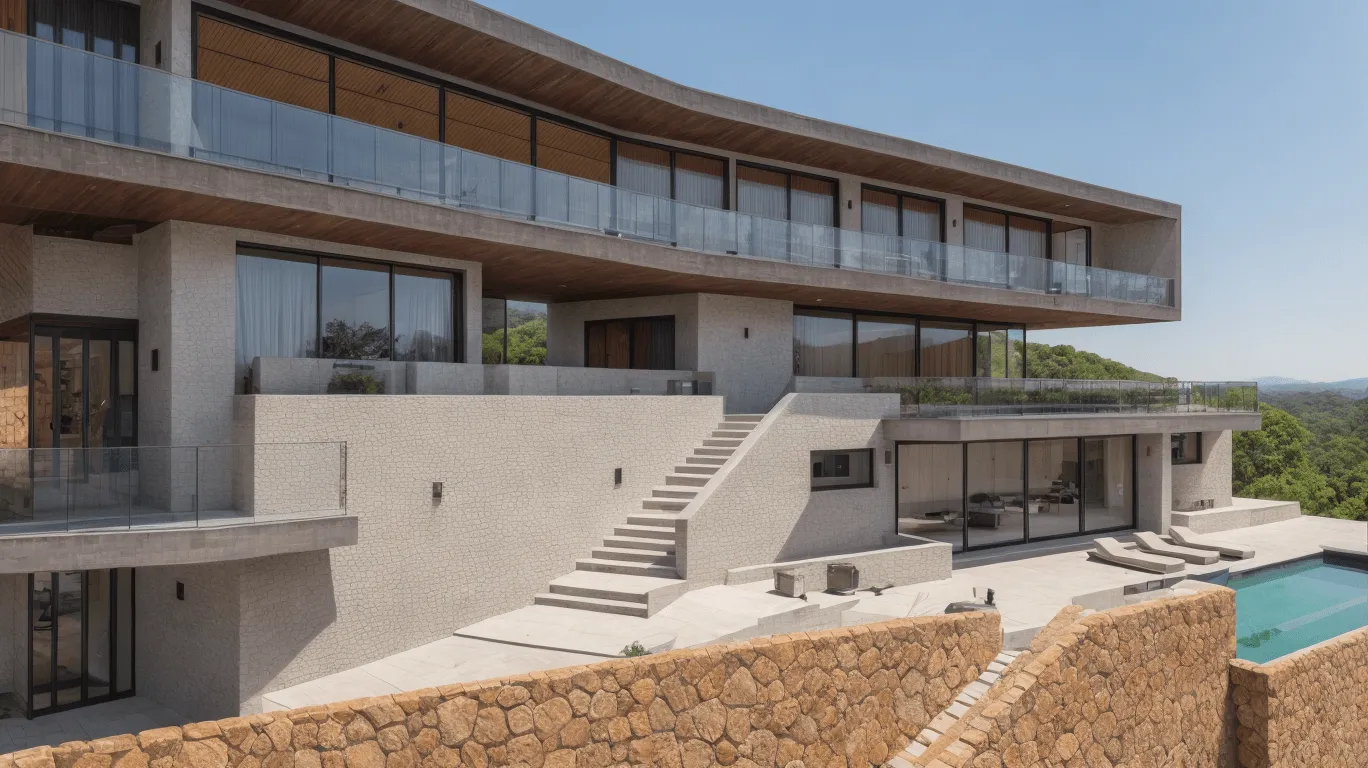 Render diurno de la terraza y la fachada de Ola en Son Vida con piscina