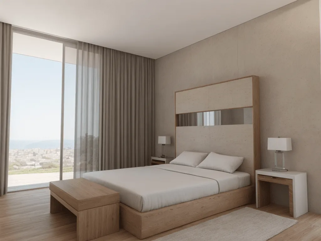 Dormitorio con ventanal y vistas lejanas en la vivienda Es Ventall