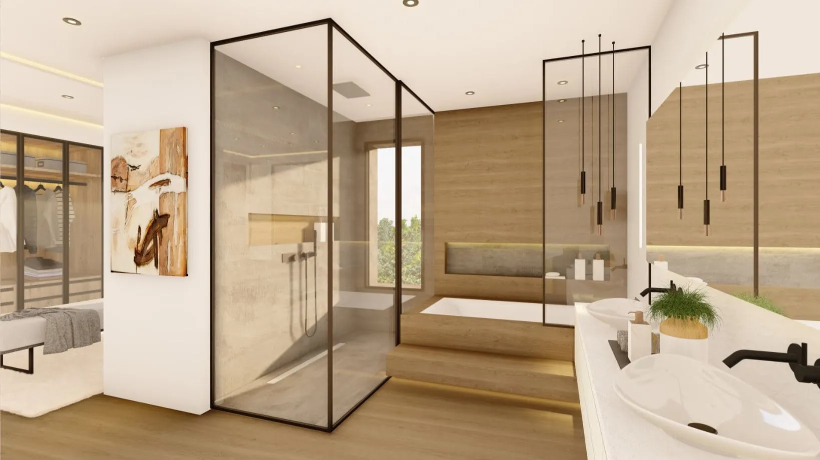Baño con bañera y mampara de vidrio negro en la vivienda Murillo