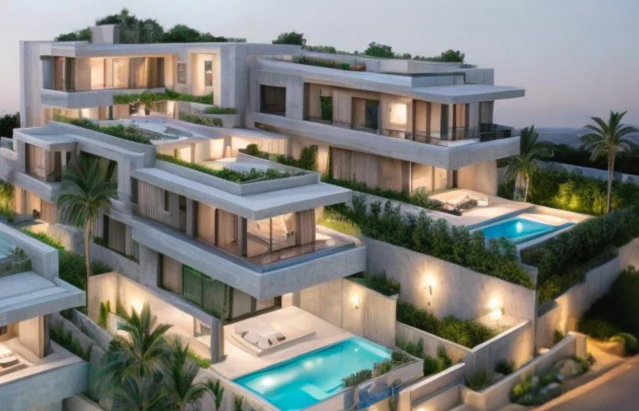 Terrazas, muros de contención y piscina de la vivienda Sampol en Palma