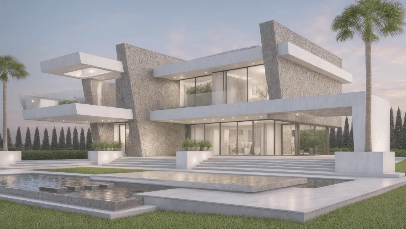 Render de la vivienda ORI en Palma al atardecer con piscina, césped y cipreses