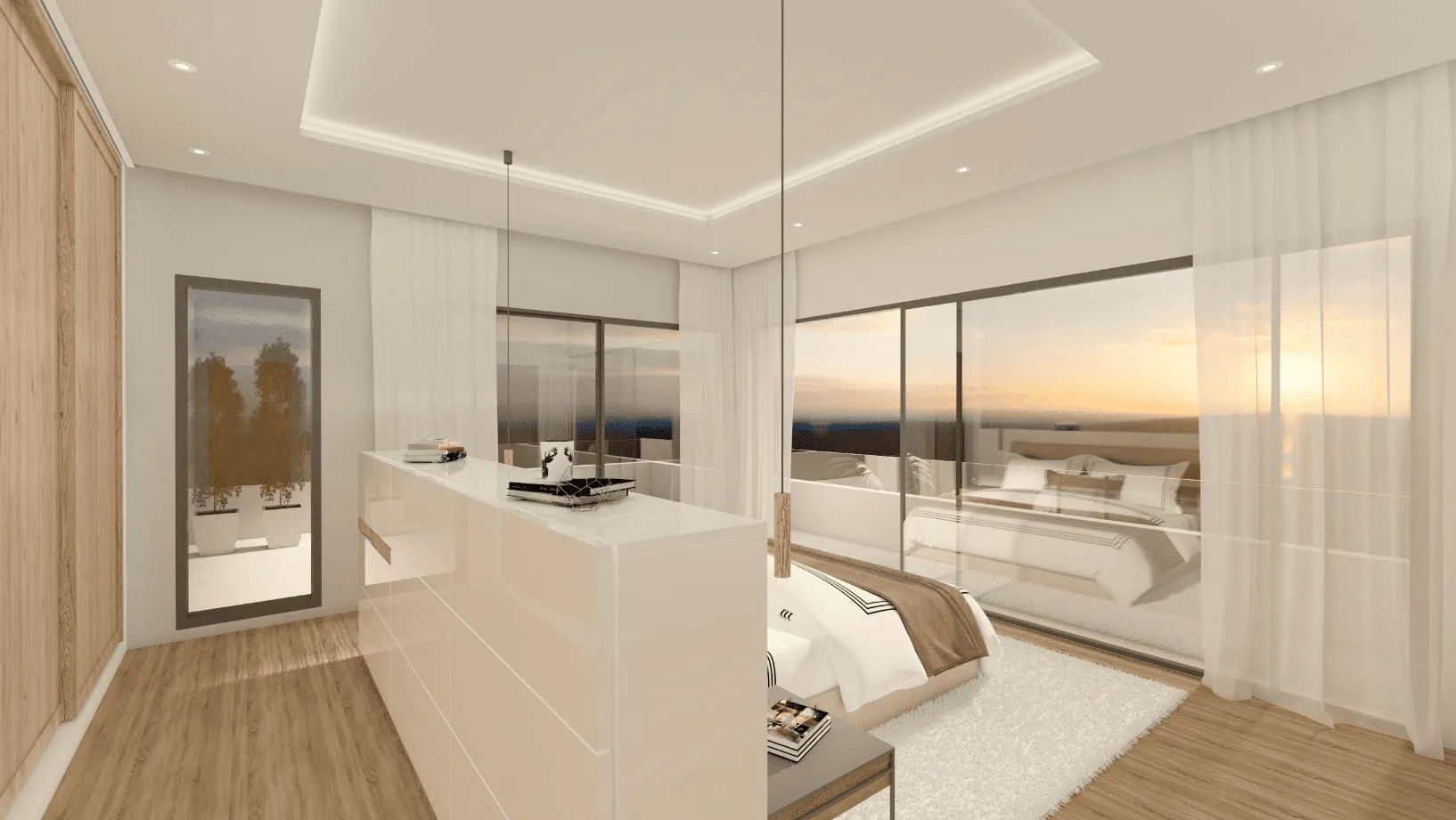 Render del dormitorio principal de Sampol A con ventanal y vista al atardecer