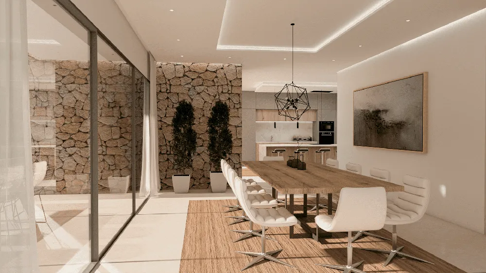 Render del comedor de Sampol B con mesa de madera y muro de piedra con plantas