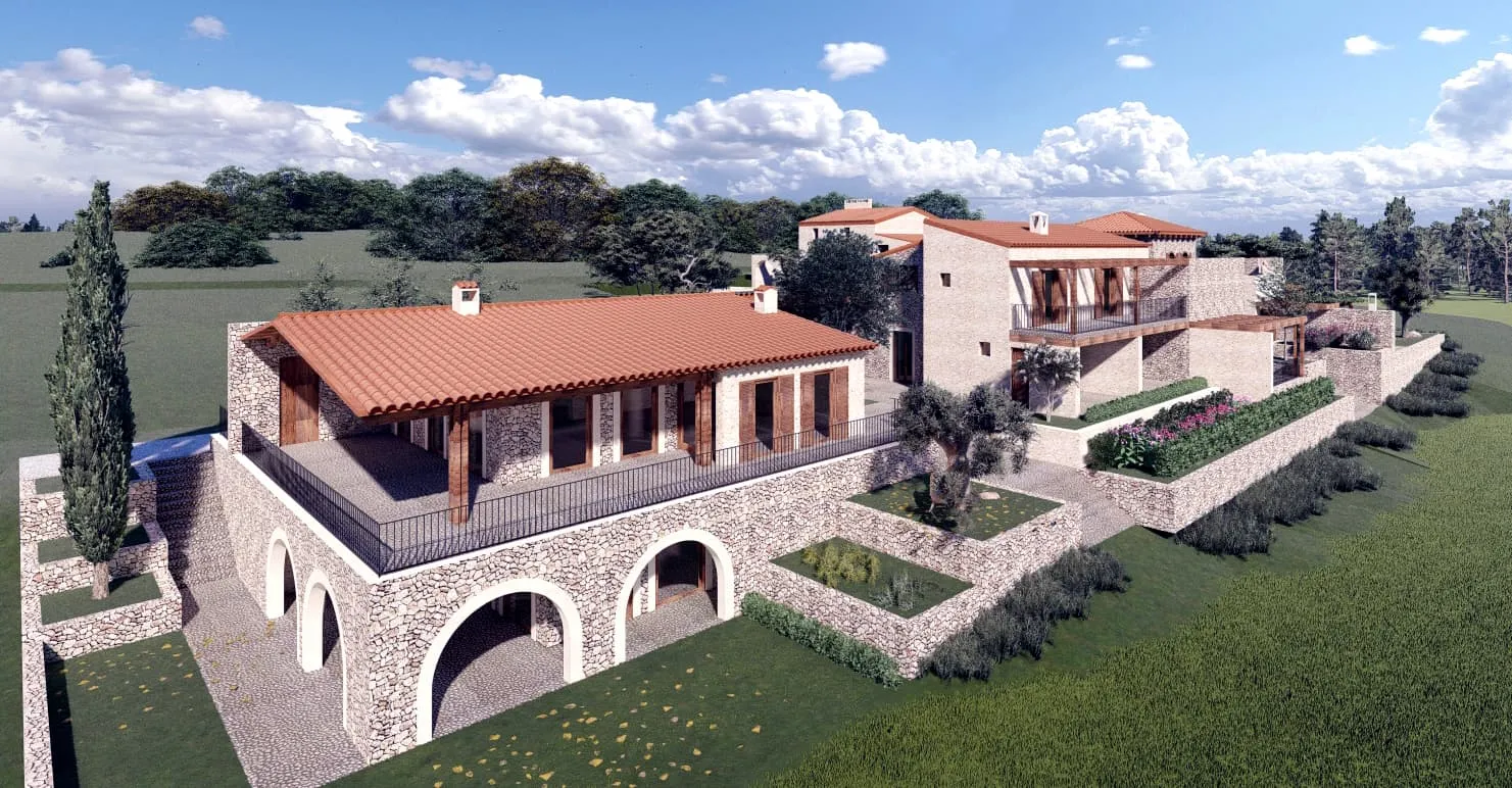 Edificio con arcos de piedra y terraza en el proyecto Saljub