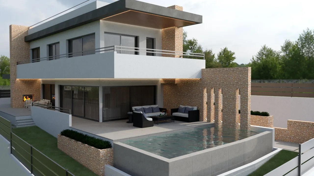 Vista posterior de la vivienda Sam2 con terraza, piscina y jardín