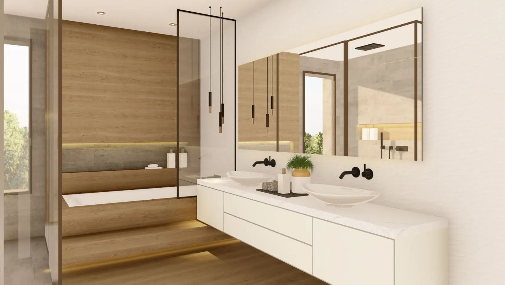 Baño con doble lavabo y espejo en la vivienda Murillo, Santa Catalina