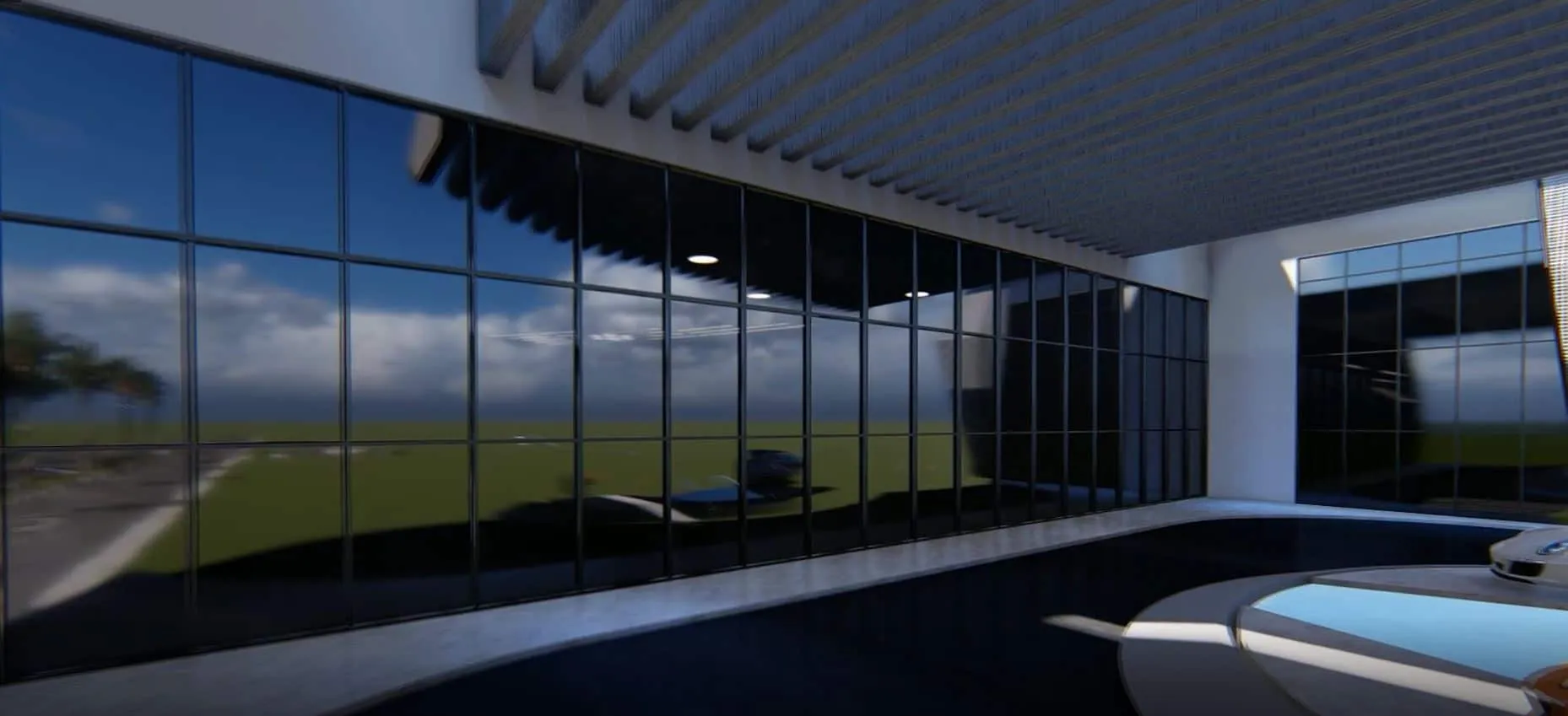 Render de la fachada de vidrio de World Car Center con reflejos del cielo y zona de entrada