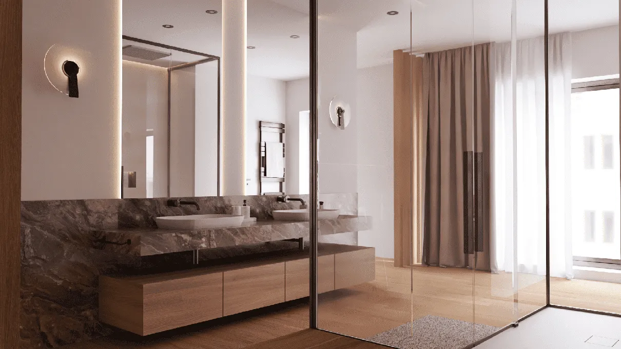 Render del baño con lavabo doble sobre piedra y mampara de vidrio en la reforma Avenidas
