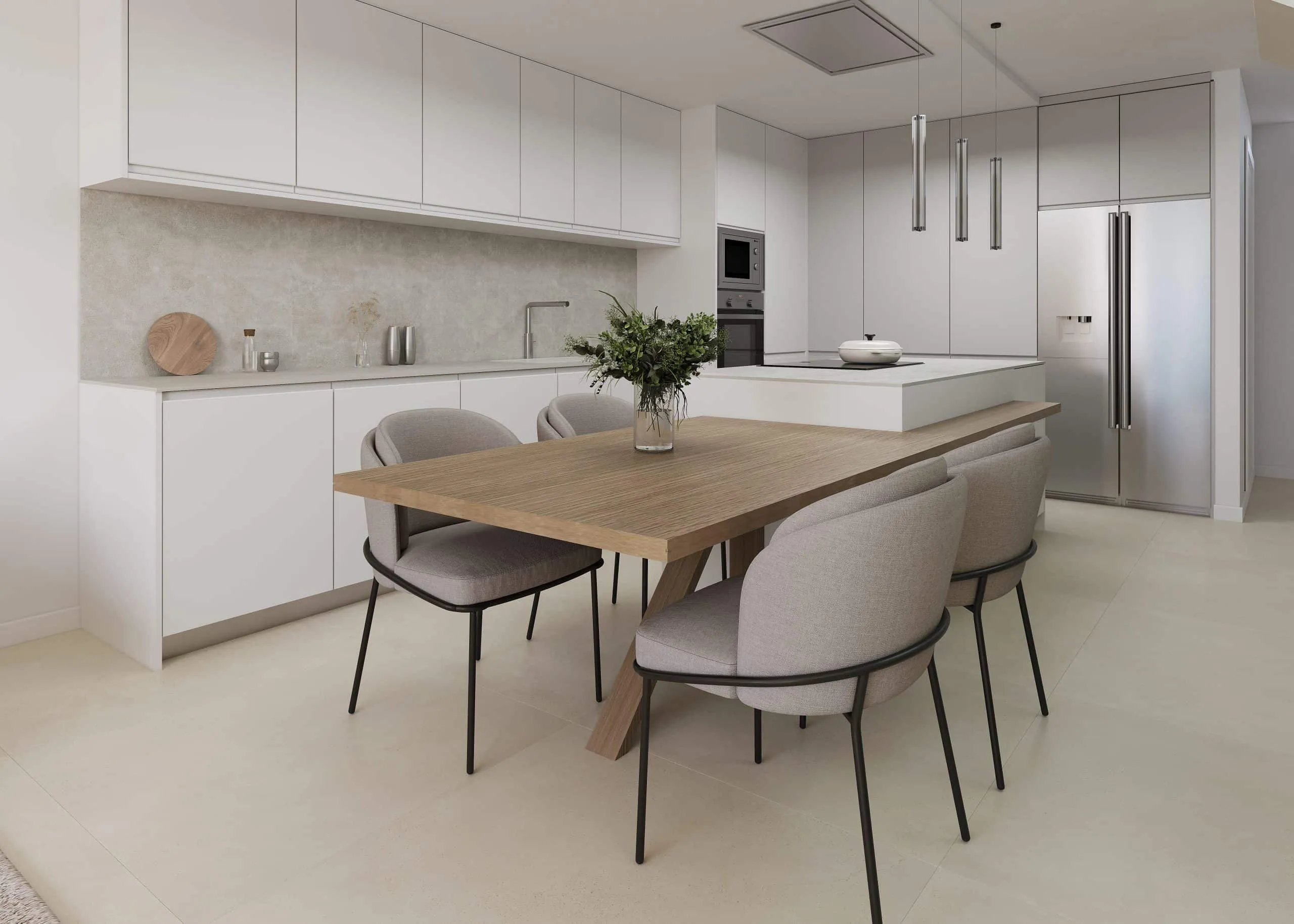 Cocina con isla y comedor en una vivienda del proyecto Corn, Marratxí