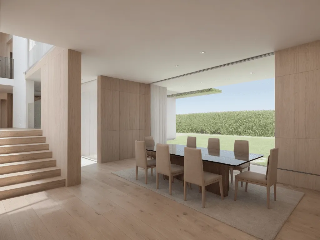 Comedor y escalera de madera en la vivienda Es Ventall, Bunyola