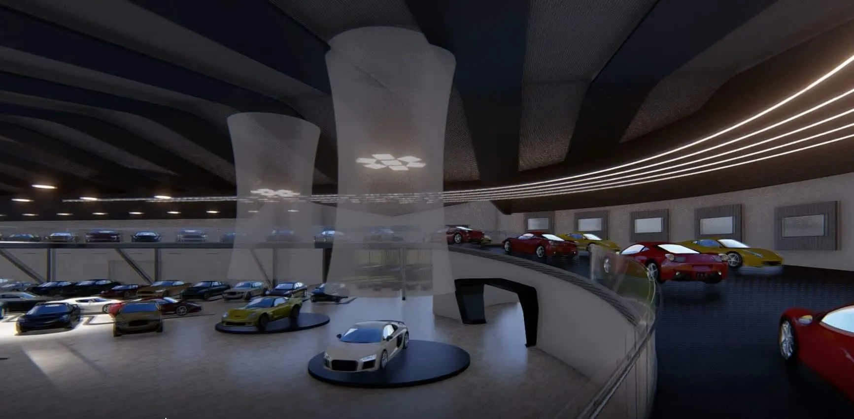 Render del interior de World Car Center con coches en exposición y pantallas colgantes
