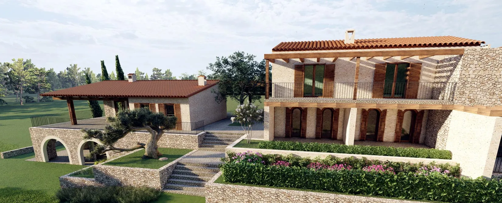 Fachada con arcos y balcón de madera del proyecto Saljub, Mallorca