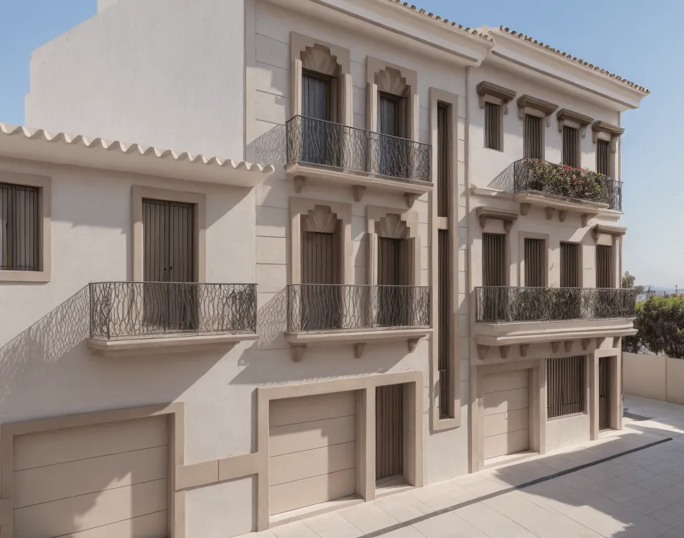 Fachada en perspectiva de la vivienda Murillo con balcones y molduras