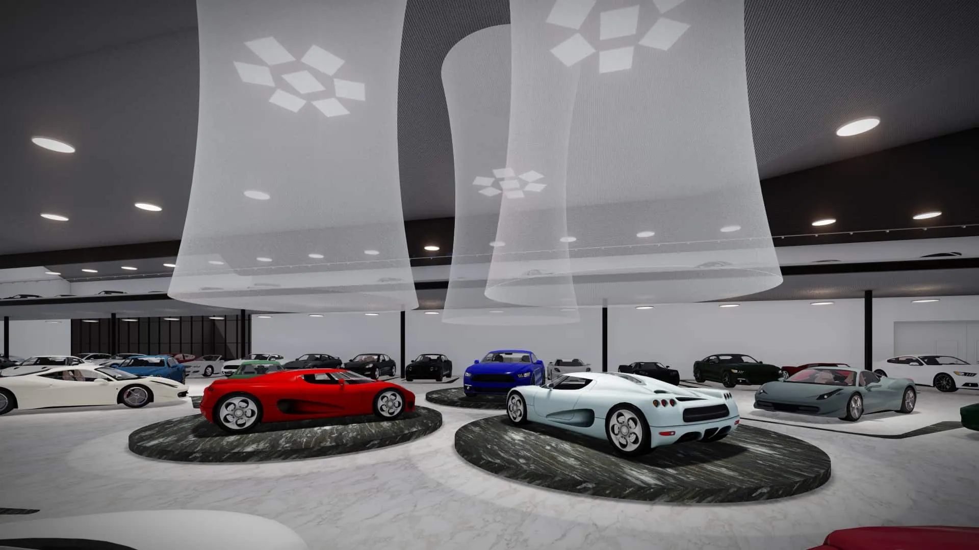 Render del showroom de World Car Center con coches deportivos y pantallas colgantes