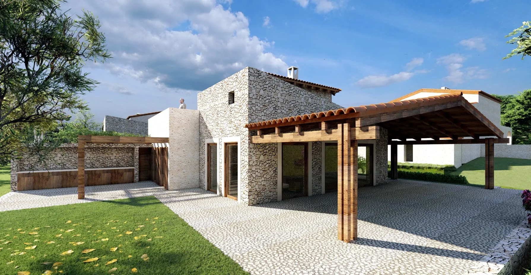 Porche con pilares de madera y muro de piedra del proyecto Saljub